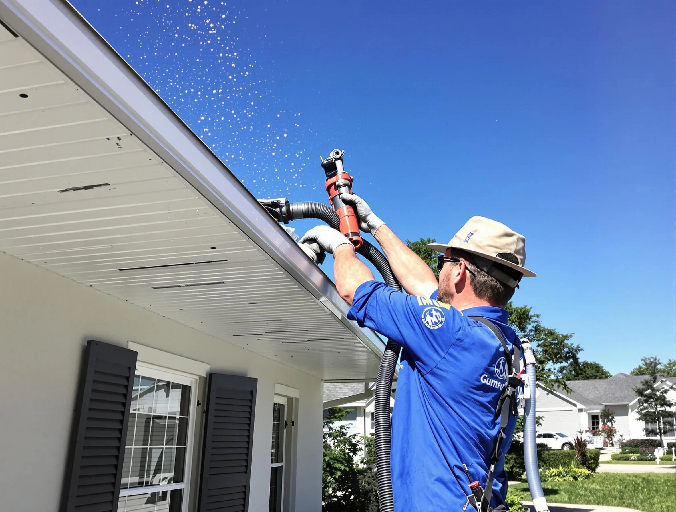 Technician completing a gutter cleaning project by Parma Roofing Company in Parma, OH